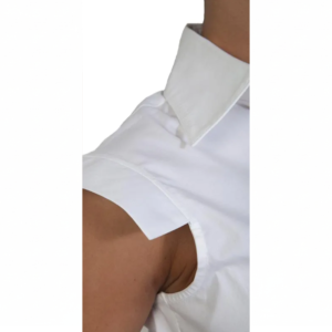 Right arm and shoulder in a white collared shirt featuring a wide, relaxed armhole design.