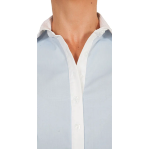 A close-up of a person wearing a blue statement shirt with a white collar and white button placket, shown from the chest to the neck. The person's head is not visible.