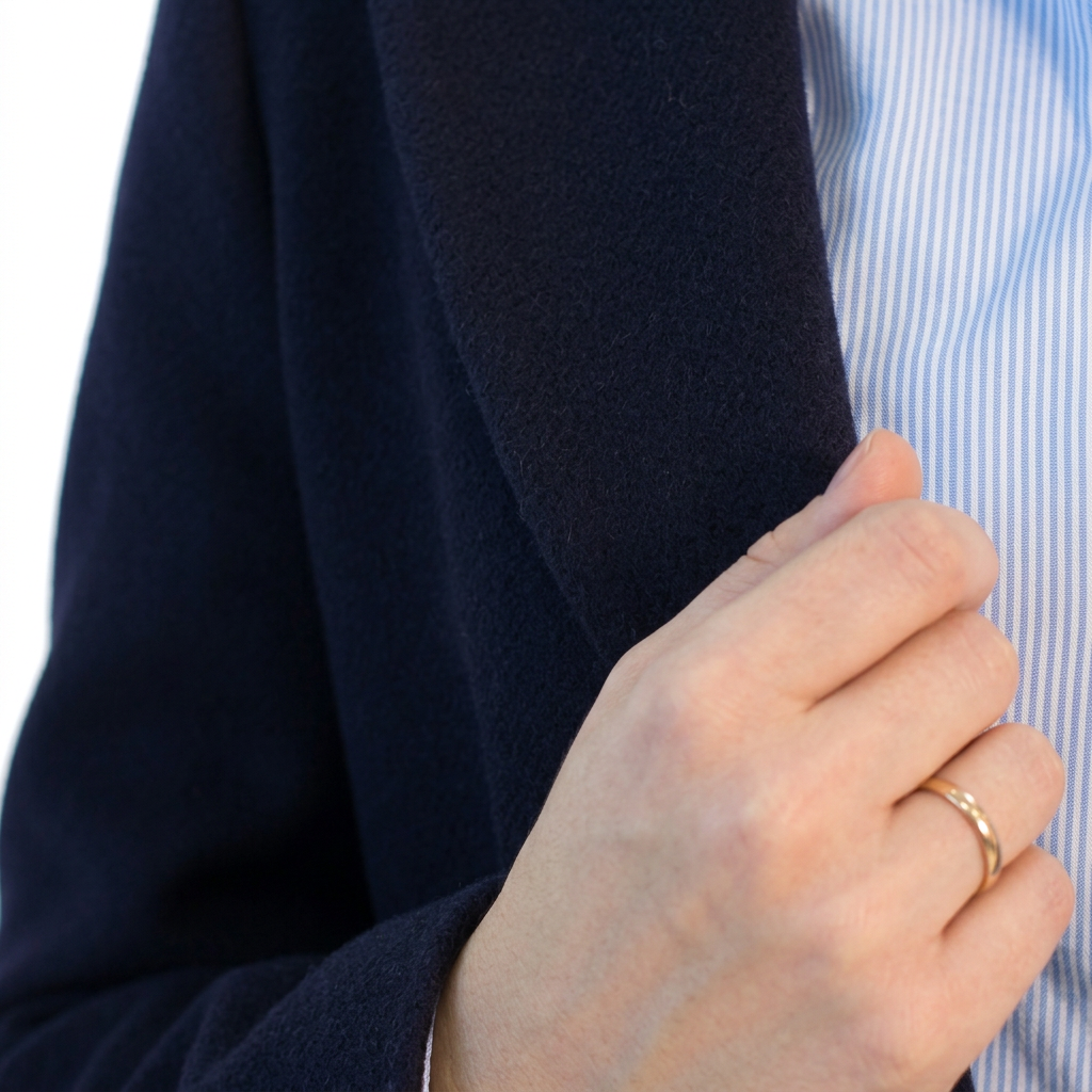Close-up of a hand with a gold ring holding a dark blue jacket lapel over a pinstriped shirt.