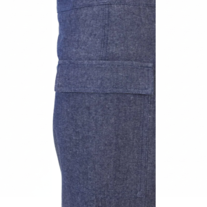 Dark blue denim fabric with a rectangular flap pocket, featuring a subtle fade and visible contrast stitching.