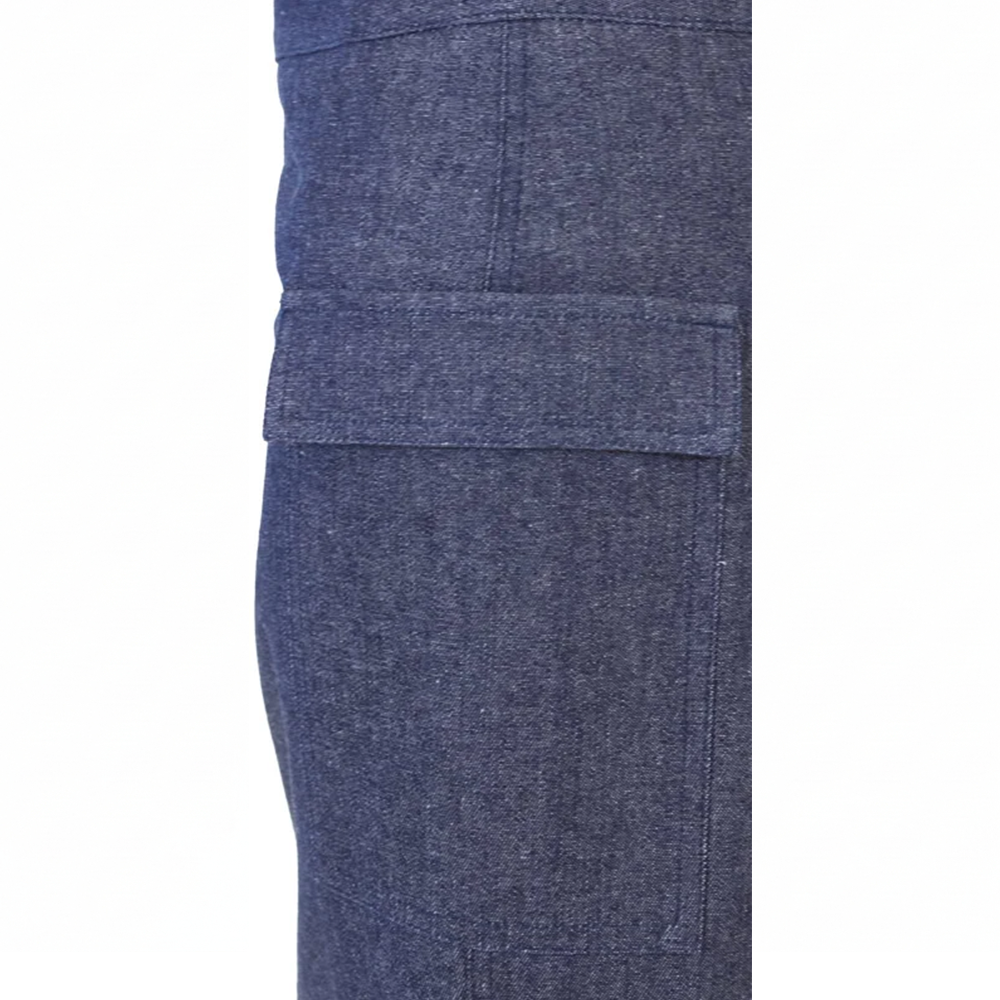 Dark blue denim fabric with a rectangular flap pocket, featuring a subtle fade and visible contrast stitching.