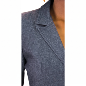 Professional dark gray blazer, detailed view of the sharp lapel and structured shoulder.