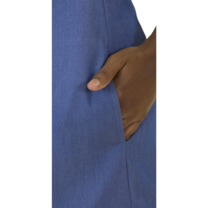 Dark-skinned hand in blue garment side pocket, highlighting a clothing detail.