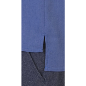 Blue fabric garment hem featuring a side slit, exposing a darker blue underlayer.