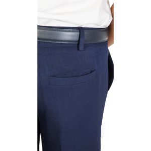Men's navy blue trousers with curved front pocket, black leather belt, and white collared shirt.