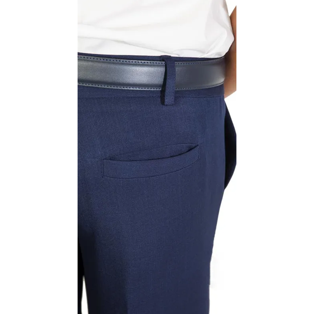 Men's navy blue trousers with curved front pocket, black leather belt, and white collared shirt.