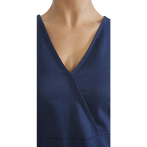 Dark blue V-neck wrap top on a person's upper chest, highlighting the neckline and fabric.