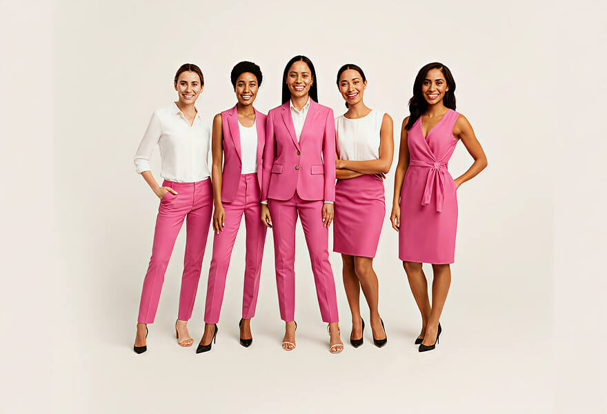 - Colourful business women wearing pink and white formal suits and dresses for professional or corporate settings.