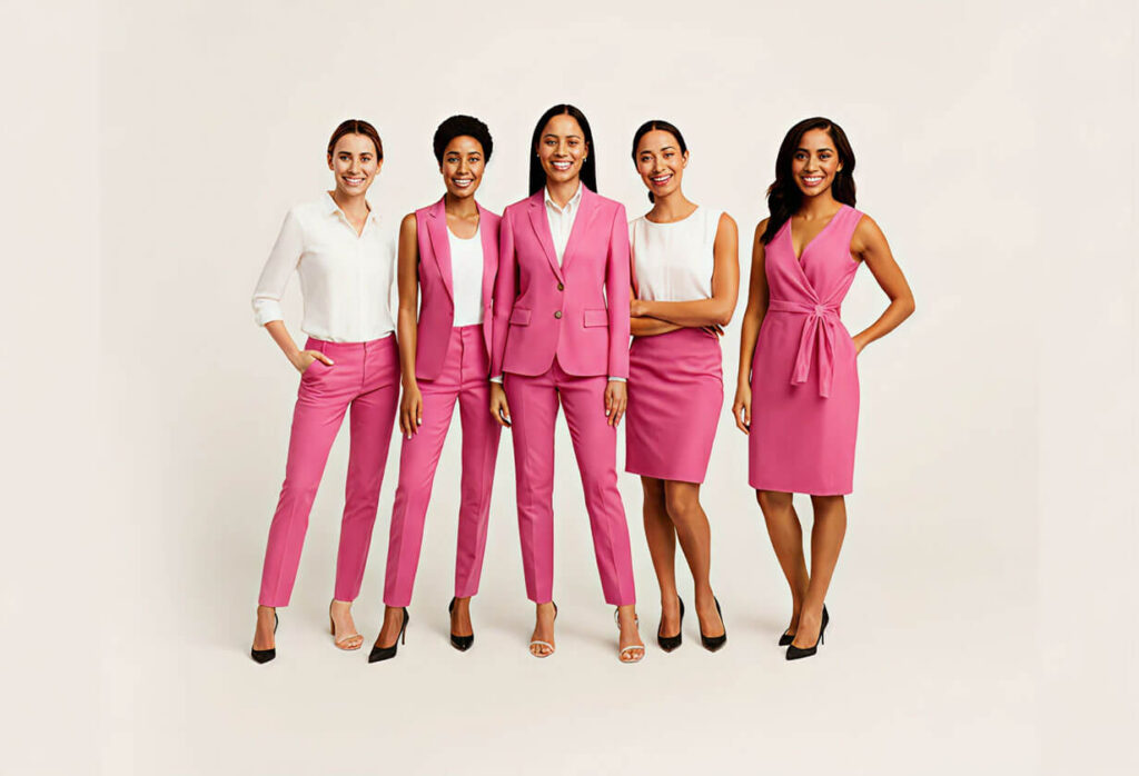 Confident and Sophisticated in the Workplace 45 Brightly dressed women in pink and white business attire showcasing stylish office wear for women.
