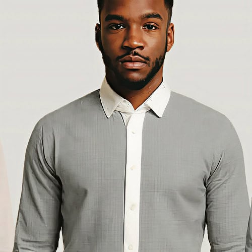1. Male model wearing Karma Clothing 2.0 grey button-up shirt, contemporary fashion, premium quality casual wear, stylish men's apparel, modern clothing for men.