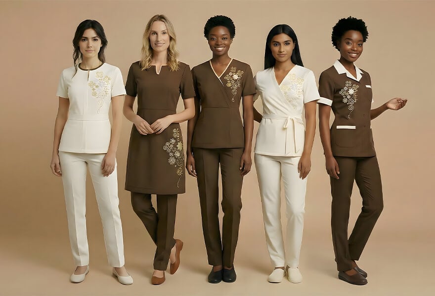 1. Diverse women modeling Karma Clothing 2.0 professional uniforms in beige and brown with floral embroidery for workwear elegance.