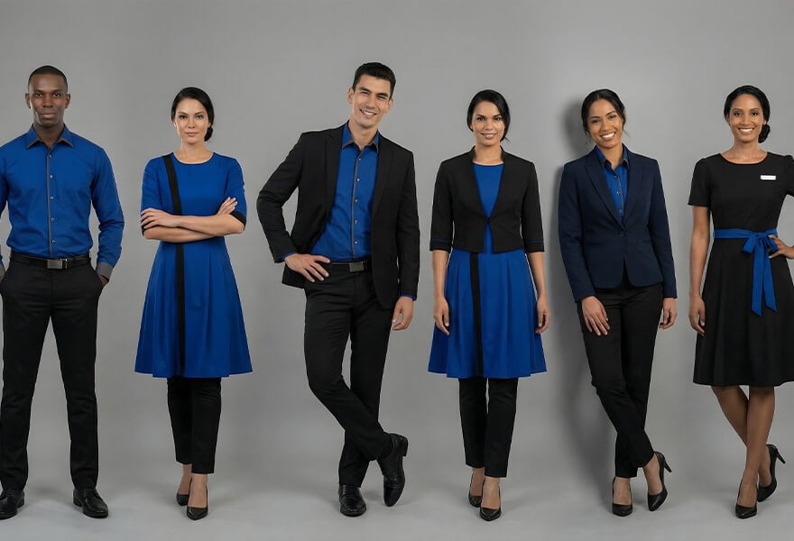 Versatile, professional corporate clothing for women and men, featuring stylish suits, dresses, and uniforms for business, office, and retail environments, designed for a modern, confident look.