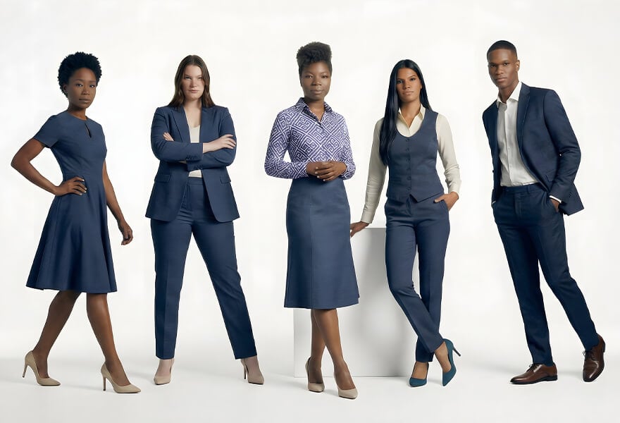 Elegant professional business attire for women and men, showcasing modern corporate fashion for the workplace and formal events.