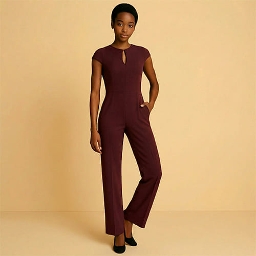 Woman in Sangria Jumpsuit