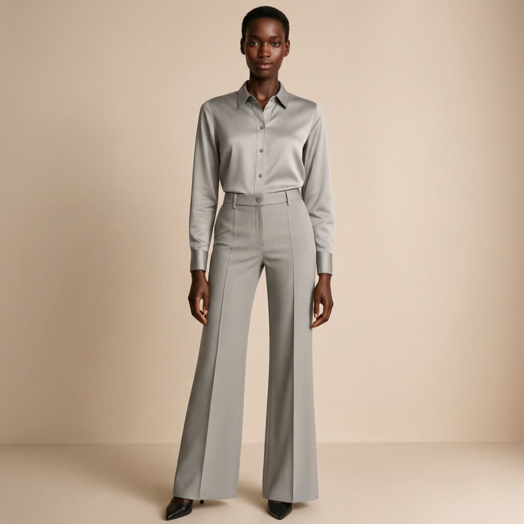 Woman in silk satin shirt and off white pants