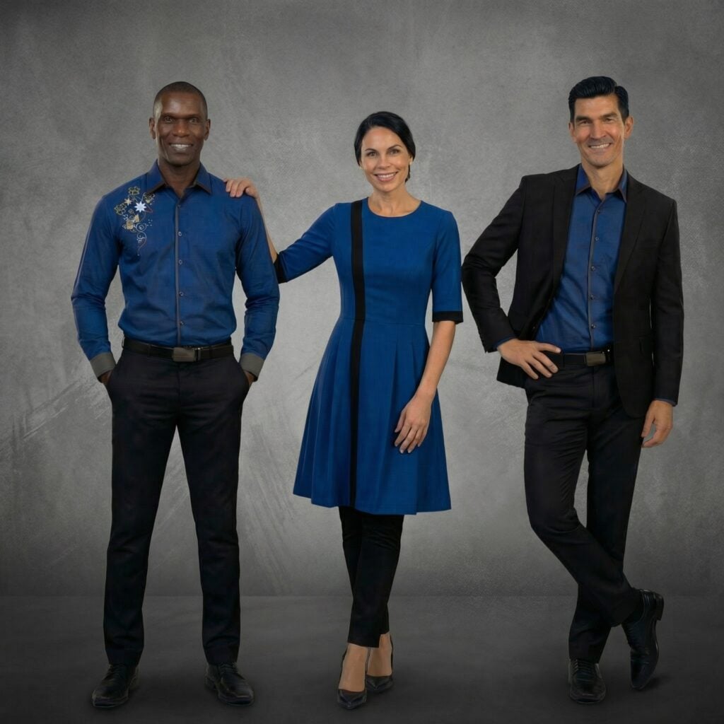 Smiling professional team: woman in blue blazer with hands on two male colleagues' shoulders.