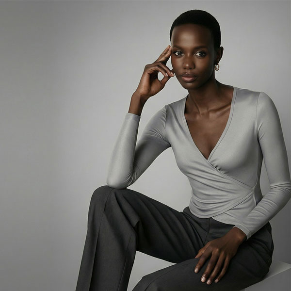 Thoughtful woman in a light grey long-sleeve wrap top and dark grey trousers, seated, looking forward, hand on forehead.