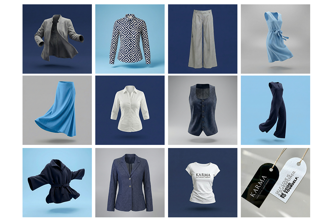 Dynamic display of twelve floating fashion apparel: blazers, shirts, dresses, skirts, trousers, vest, jumpsuit, coat, t-shirt, plus two product tags.